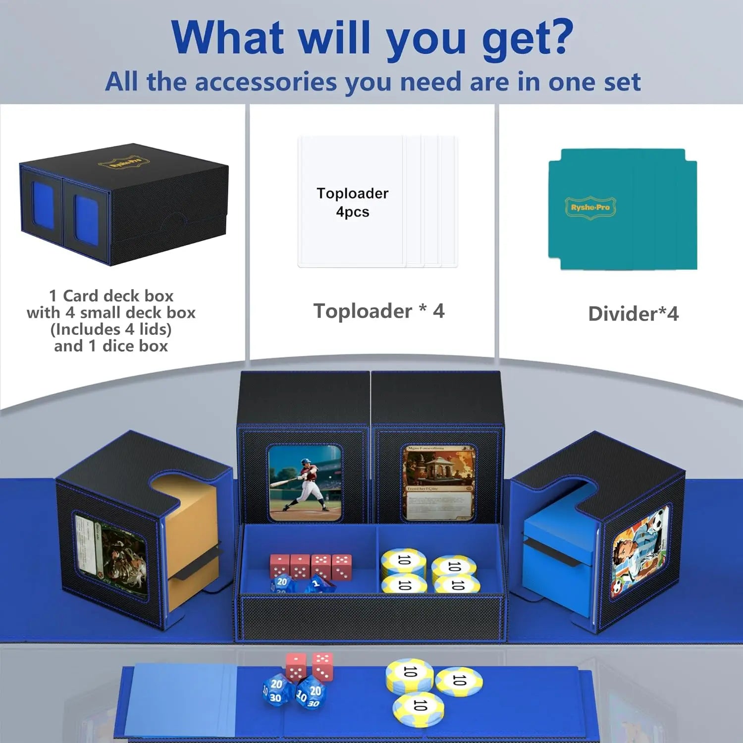 Deck Box for MTG TCG Sports Cards 5 in 1 Trading Card Storage Box Fits 960+ Cards 4 Deck Cases with Covers and Divided Dice Tray